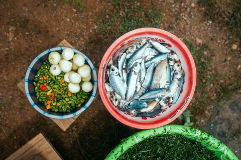 Fisch und Zwiebeln und Gewürze